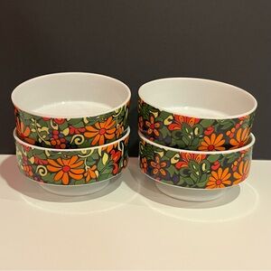 Holt Howard Orange Daisy Red Flower Pedestal Bowls #7133 Vintage-FOUR
